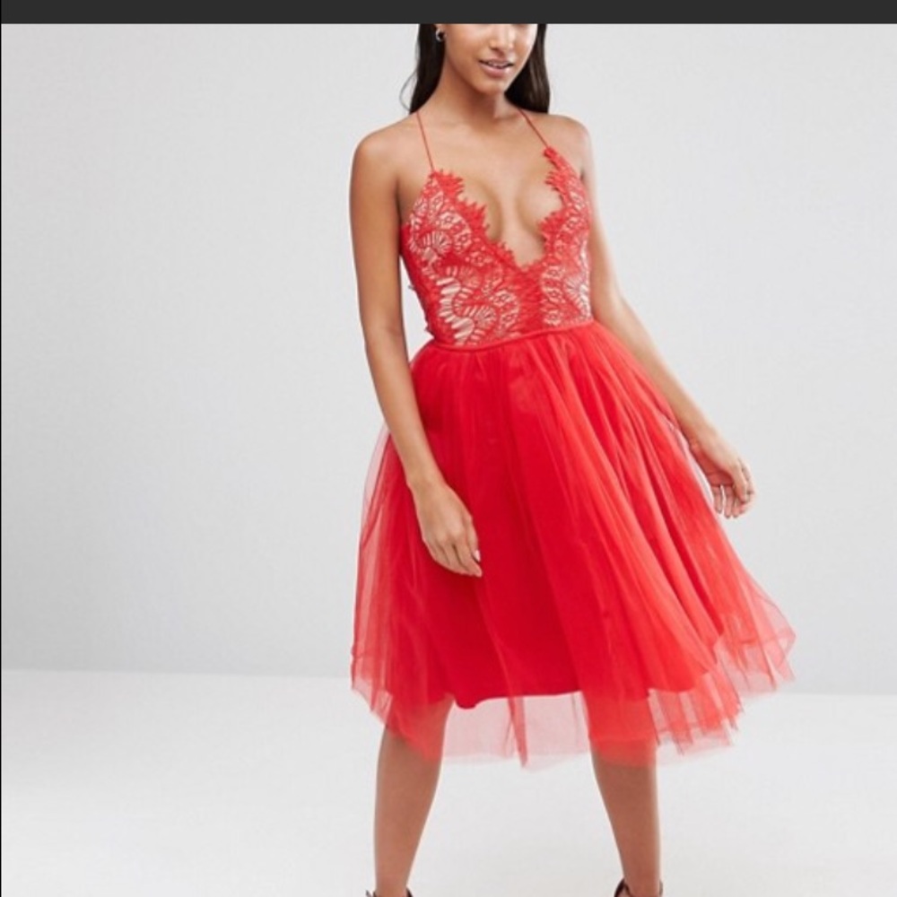 ASOS red lace tulle midi dress